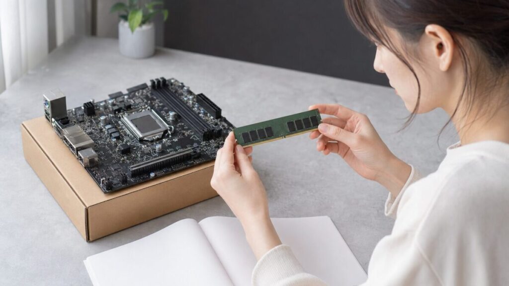 マザーボードの前でデスクトップ用メモリを確認する様子