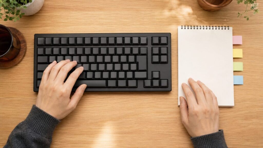 キーボード入力の違いを確認しながら練習する様子