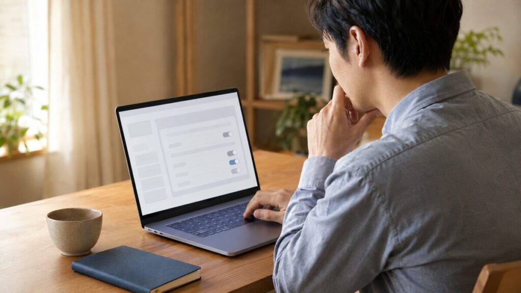 ノートPCでブラウザーの互換性設定を確認する様子