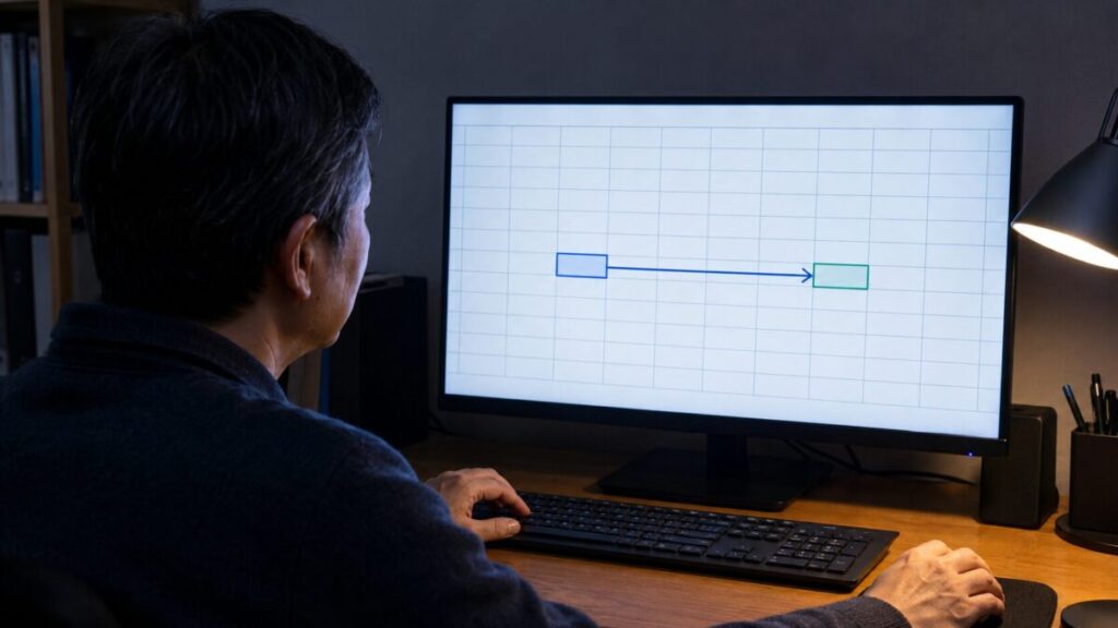 表計算画面でセルを結ぶ矢印を確認する様子