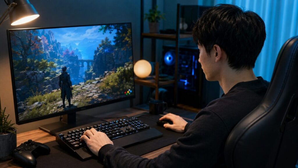 PCゲーム中にキーボードの入力モードを確認する様子