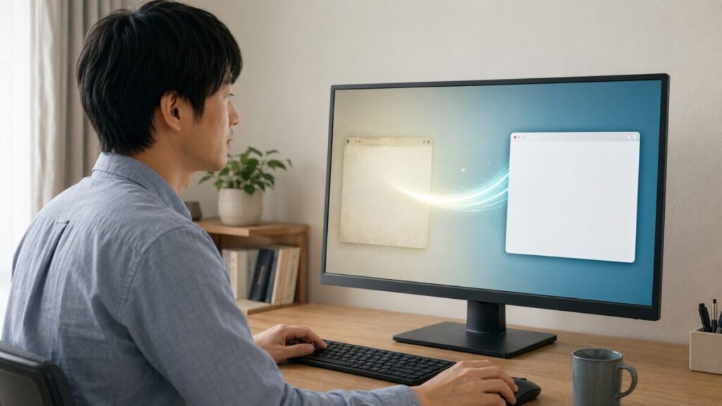 古いブラウザーから新しいブラウザーへ移行する画面を確認する様子