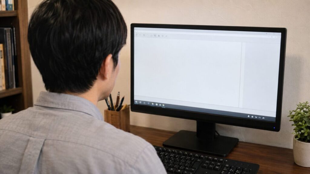 モニター右下の入力状態を確認するパソコン利用者