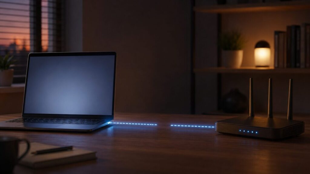 ノートPCと家庭用ルーターの通信経路が途中で途切れている様子