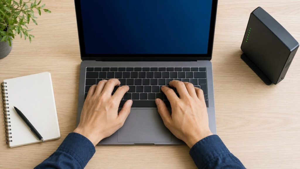 キーボードを操作してパソコンのネットワーク情報を確認する様子
