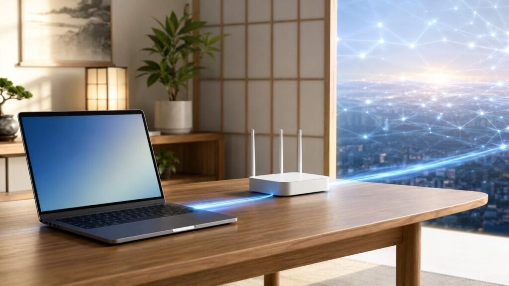 ノートPCが家庭用ルーターを介してインターネットへ接続する様子