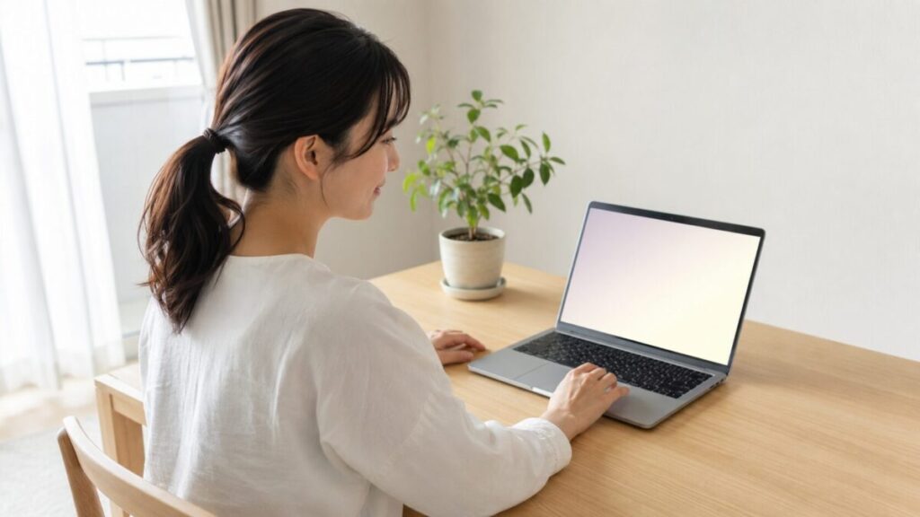 銀色のノートパソコンで入力設定を確認する様子