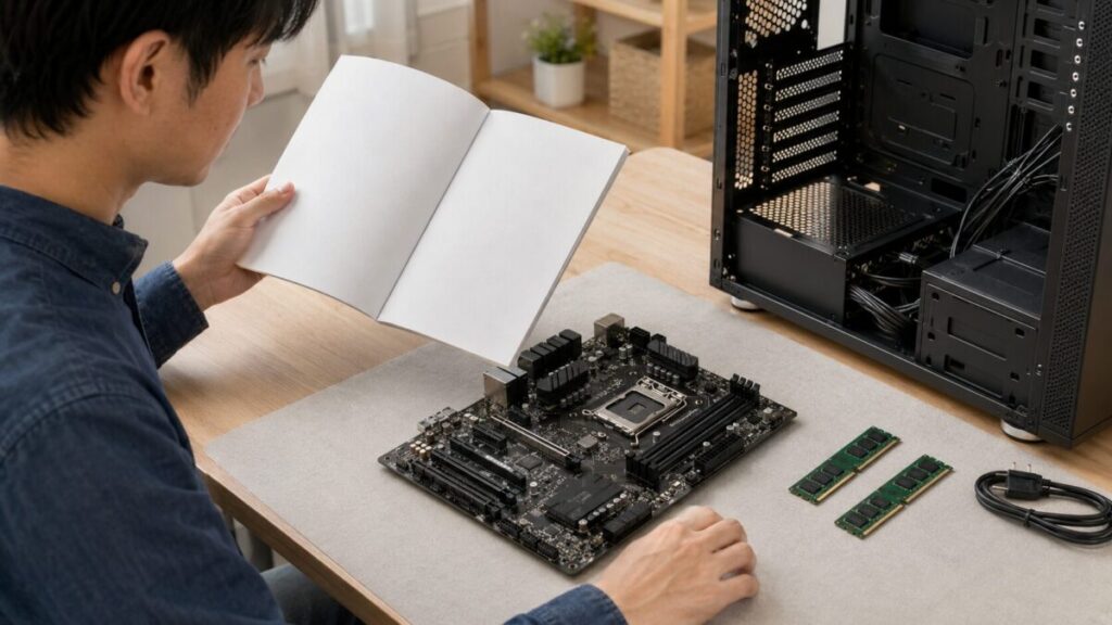 取扱説明書を見ながらマザーボードと2枚のメモリを確認する様子