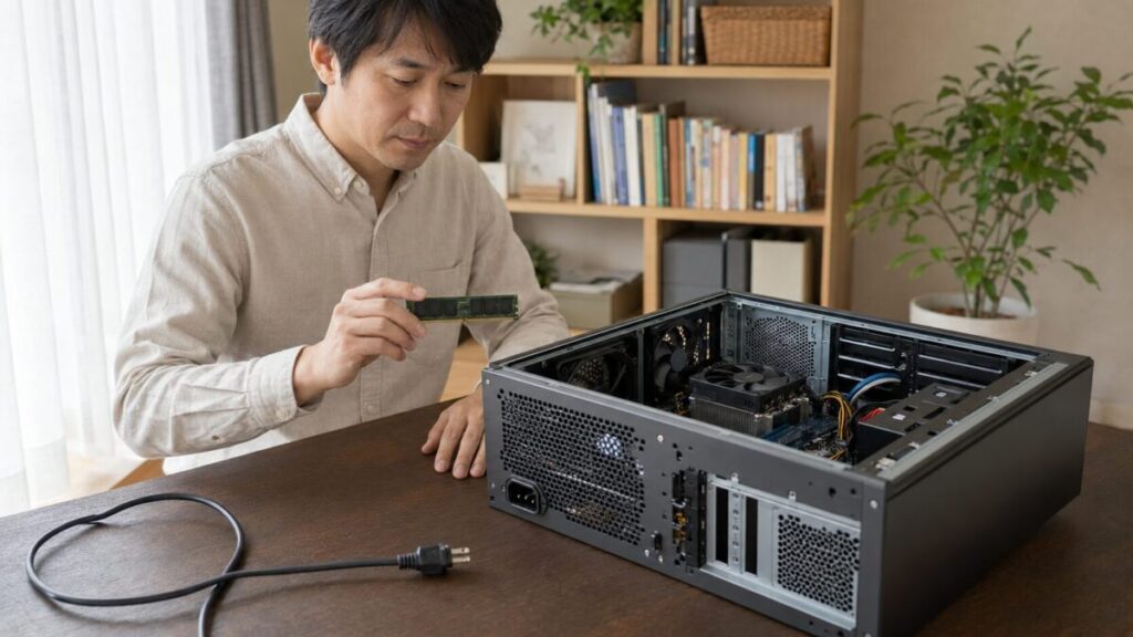 電源ケーブルを抜いたデスクトップPCでメモリ増設を準備する様子