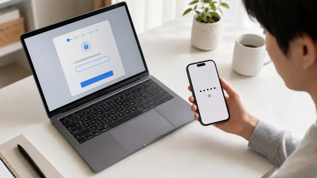 スマートフォンで本人確認を行いパスワードを再設定する様子