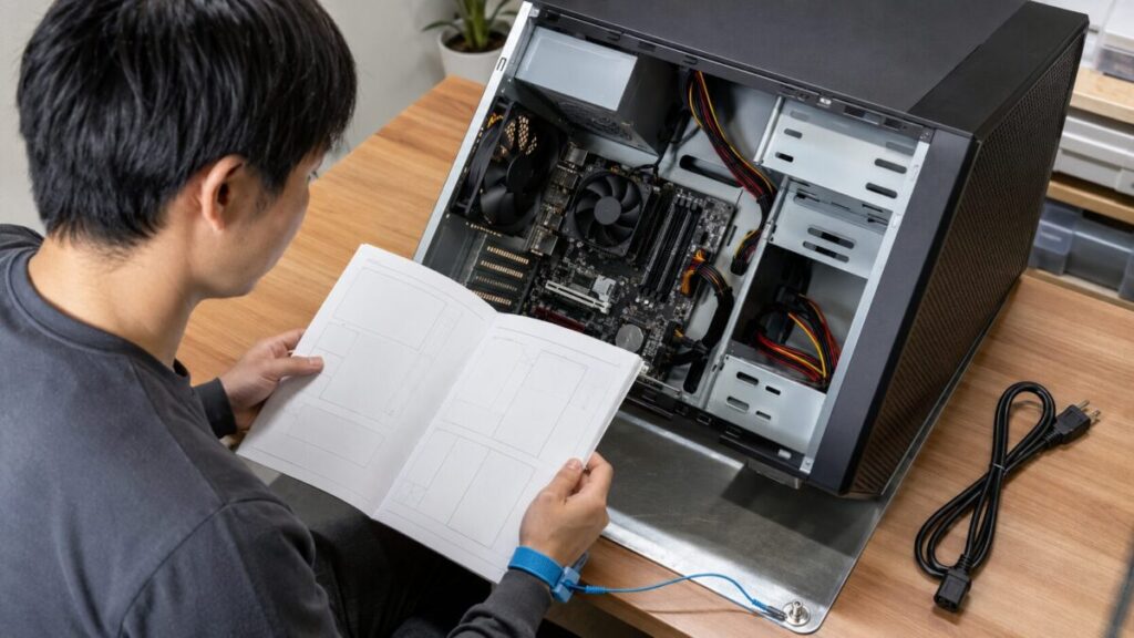 電源を切ったPCの内部配線とマニュアルを確認する様子