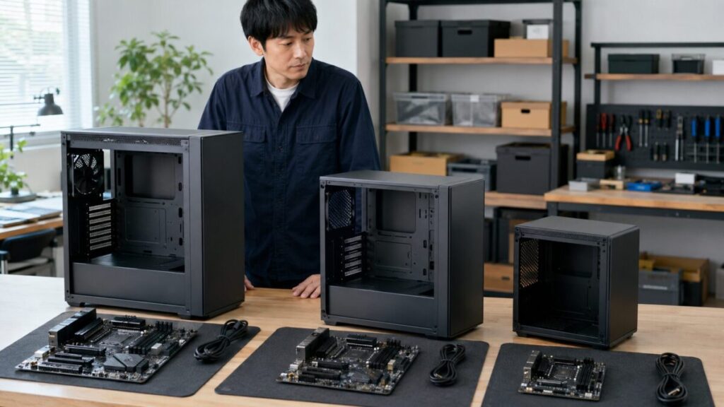 大きさの異なるPCケースとマザーボードを見比べる様子