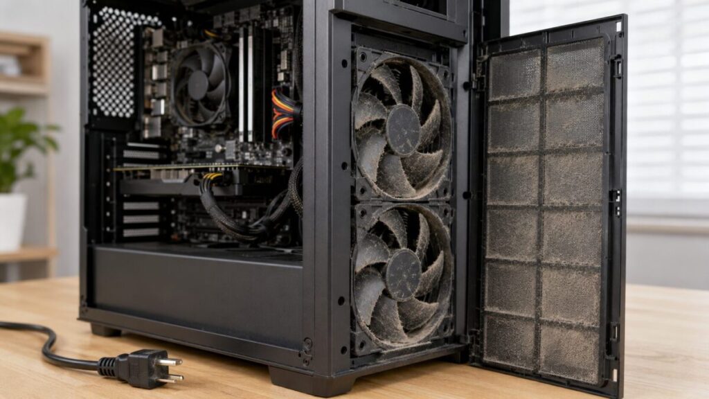 ホコリがたまったデスクトップPCの吸気フィルターと冷却ファン