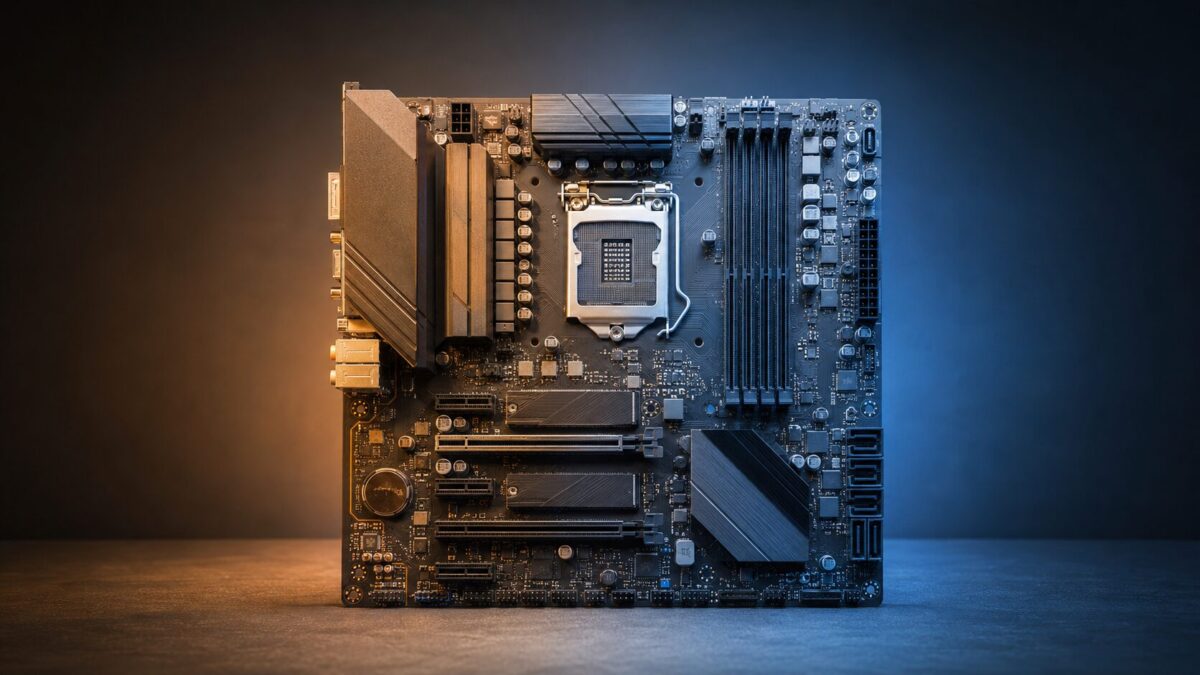 オレンジと青の光に照らされたデスクトップPC用マザーボード