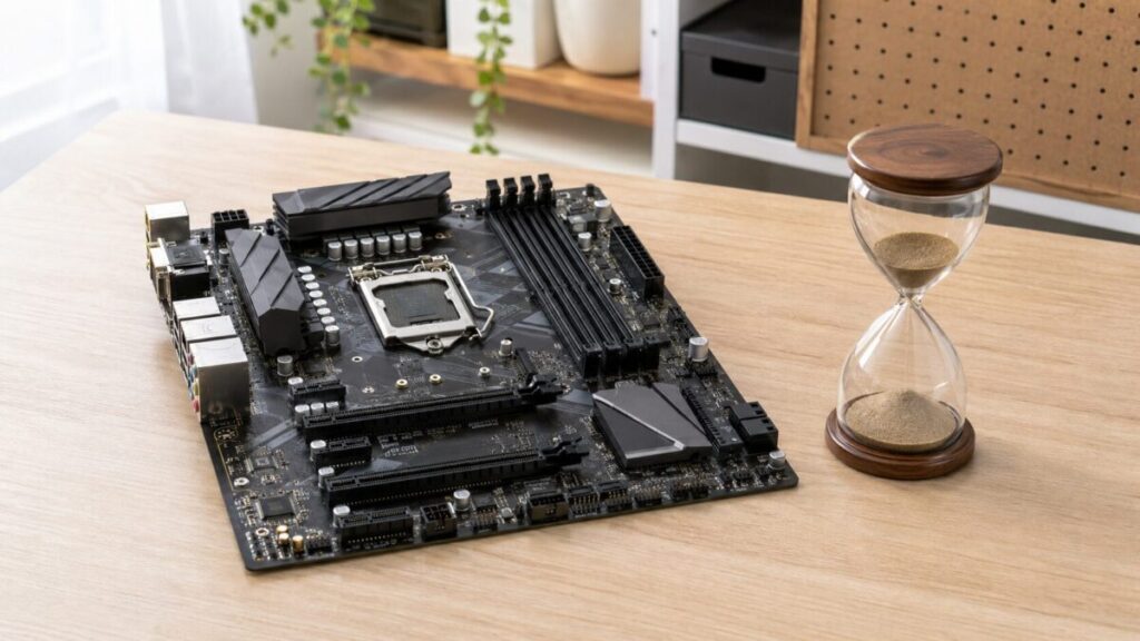 デスクトップPCのマザーボードと経過時間を表す砂時計