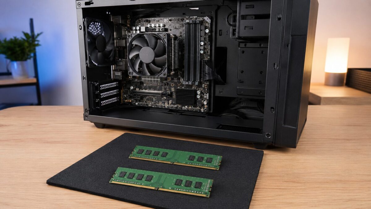 開いたデスクトップPCと取り付け前の2枚のメモリ