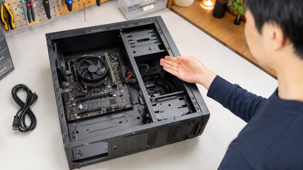 開いたPCケース内の最小構成を確認する様子