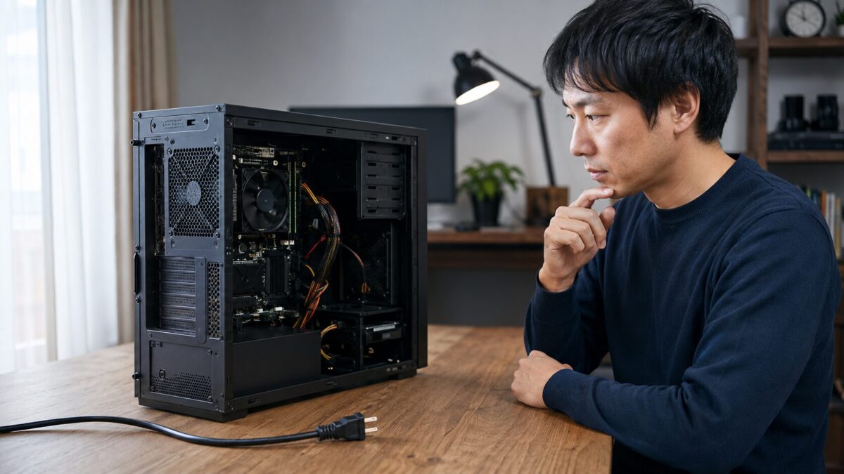 電源が入らないデスクトップPCの内部を安全に確認する様子
