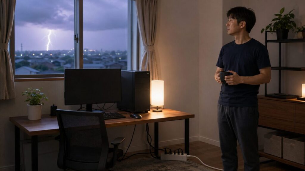 雷が見える室内に設置されたデスクトップPCと電源タップ