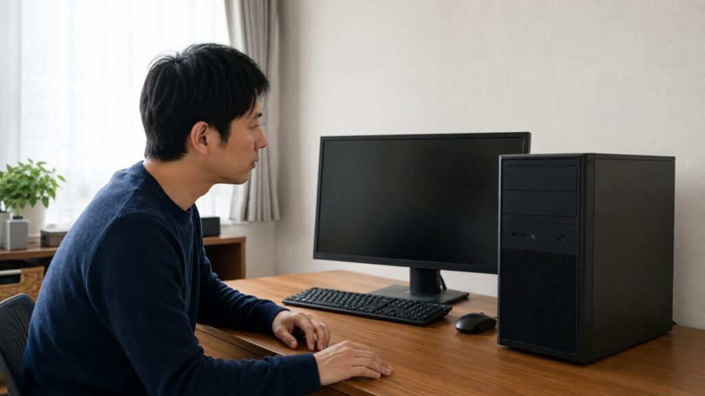 電源が入らないデスクトップPCの本体とモニターを確認する様子