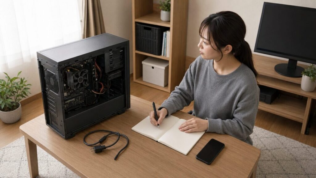 電源ケーブルを抜いたデスクトップPCを確認して症状を記録する様子
