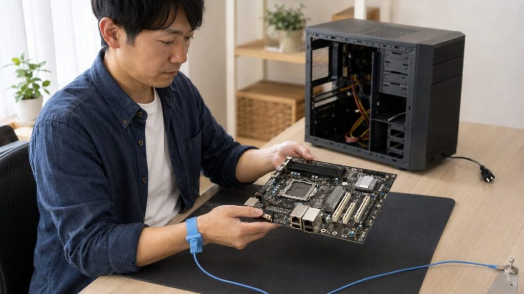 静電気防止リストストラップを着けてマザーボードの端を持つ作業者