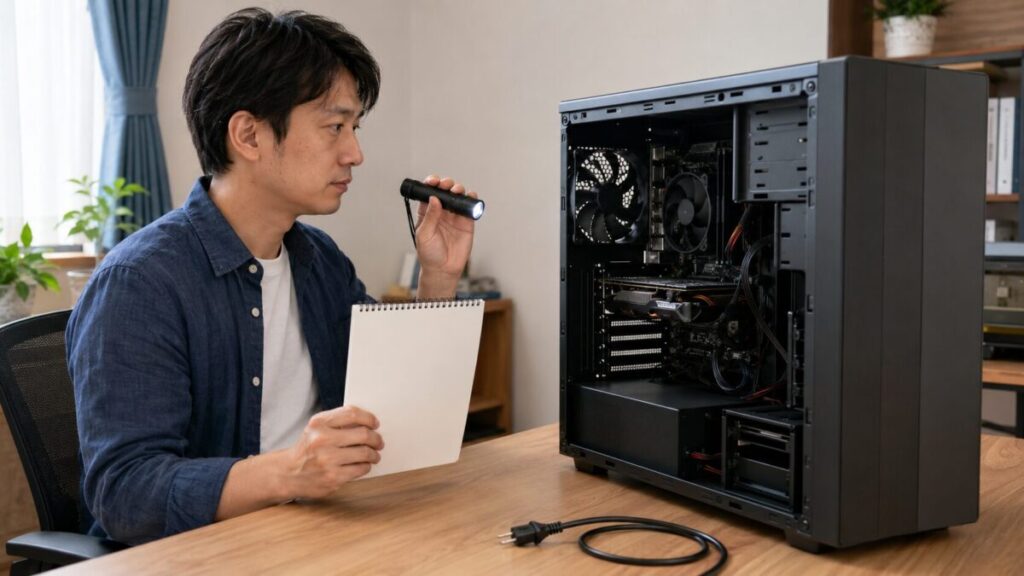 電源を切ったデスクトップPC内部をライトで確認する様子
