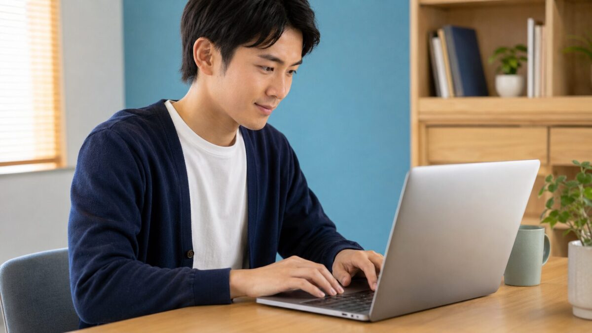 ノートパソコンで「づ」の入力方法を確認する日本人男性