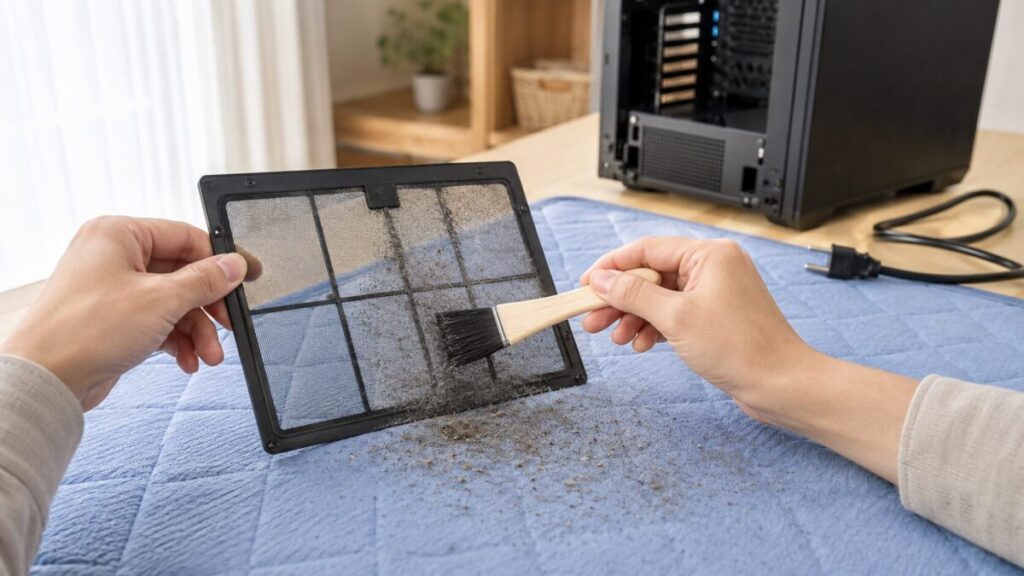PCケースから外したダストフィルターのホコリを清掃する様子