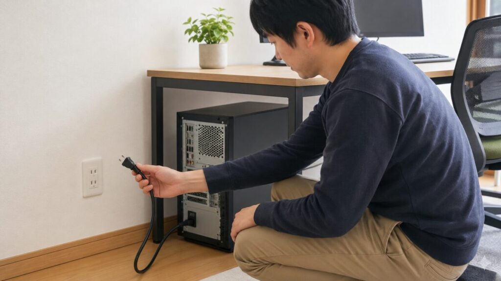 PC背面と壁コンセントの間で電源プラグを確認する様子