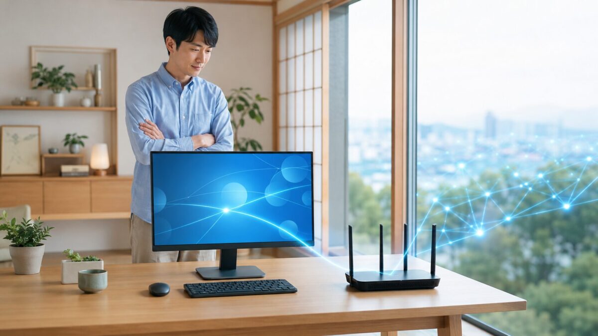 パソコンと家庭用ルーターの接続状態を確認する様子