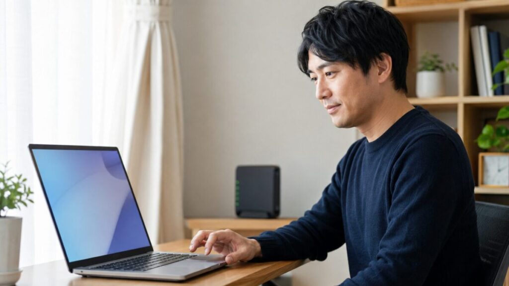 ノートPCでネットワーク設定を確認する様子