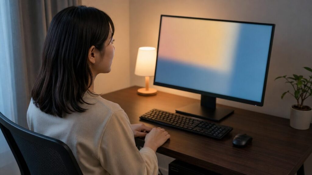 デスクトップPCのモニターを確認する様子