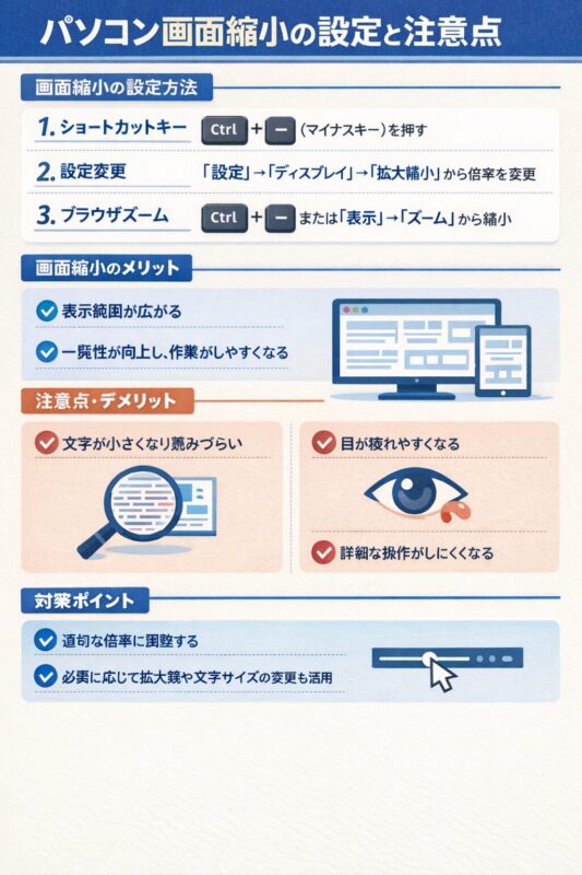 パソコン画面縮小の設定と注意点まとめ