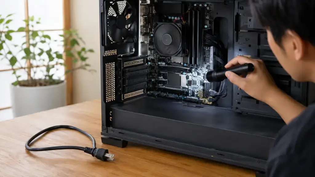 電源を抜いたPCでマザーボードの焦げや端子損傷を確認する様子
