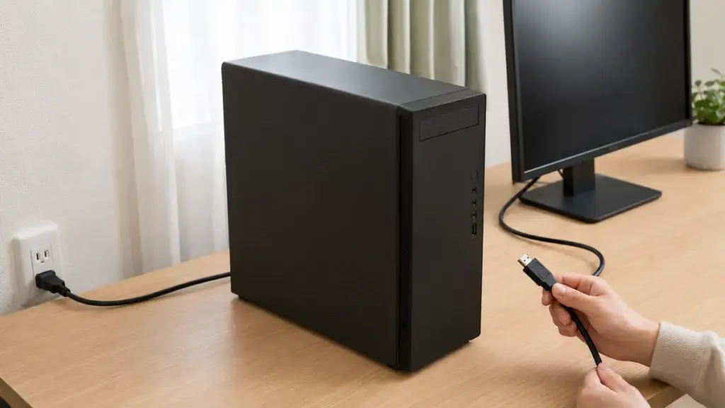 PCの電源ケーブルと映像ケーブルを外側から確認する様子