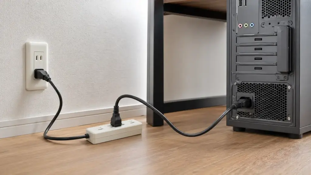 壁コンセントからPC背面までの電源ケーブルとスイッチを確認する様子