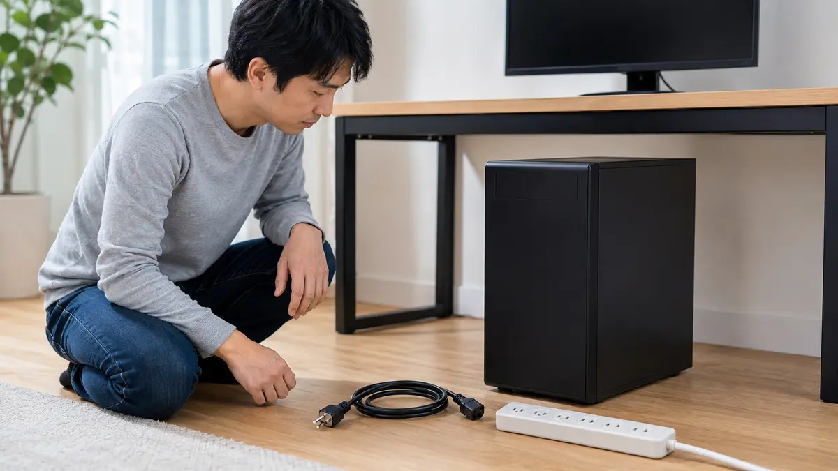 PC電源トラブルの原因を電源ケーブルから安全に確認する様子
