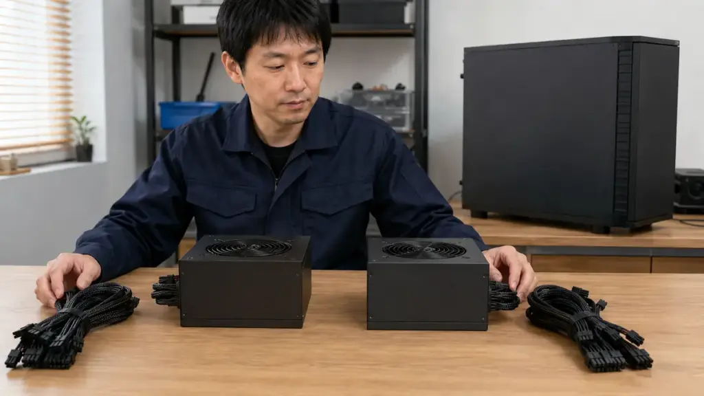正常動作を確認した電源ユニットと専用ケーブルで比較診断する様子