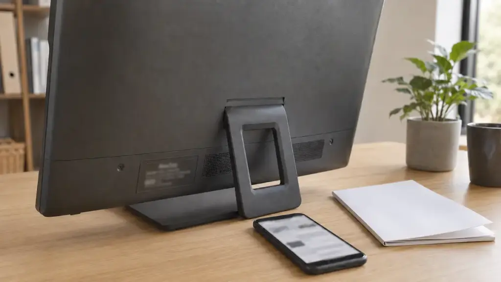 一体型PCの背面ラベルと公式仕様を確認するためにスマートフォンを並べた状態