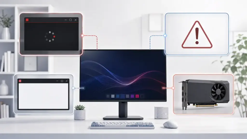 AMD Softwareが開かない症状を複数の状態に分けて確認するイメージ