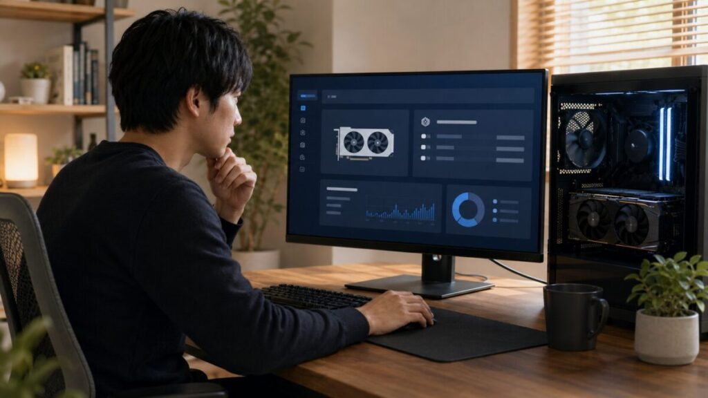 デスクトップPCでGPU型番と現在のドライバ情報を確認する日本人男性