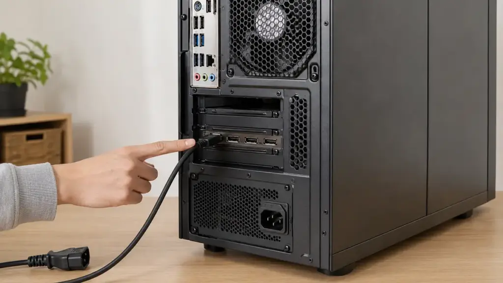 デスクトップPC背面でグラボ側の映像端子を確認する手元