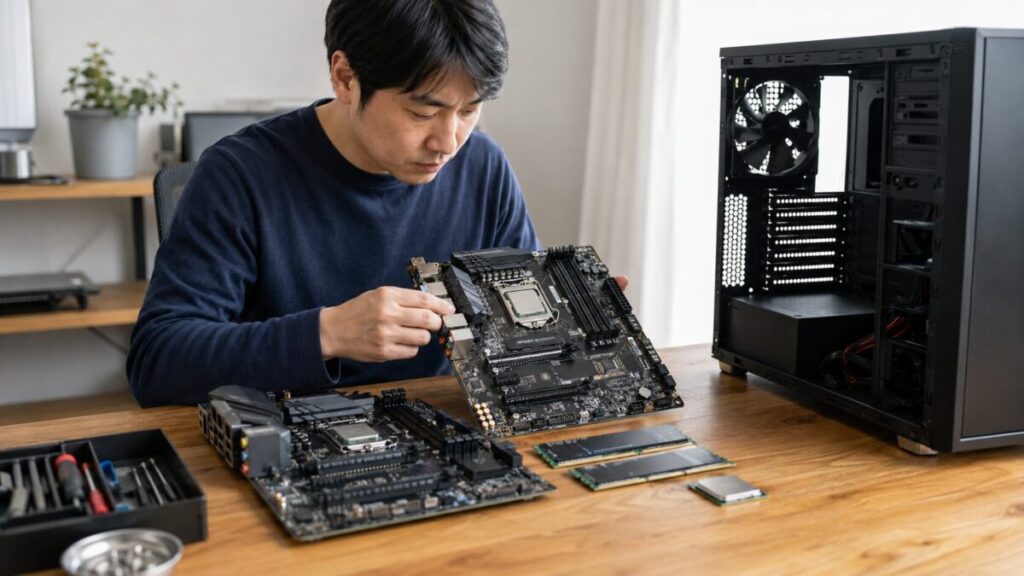 新旧のマザーボードとCPUやメモリの互換性を確認する男性