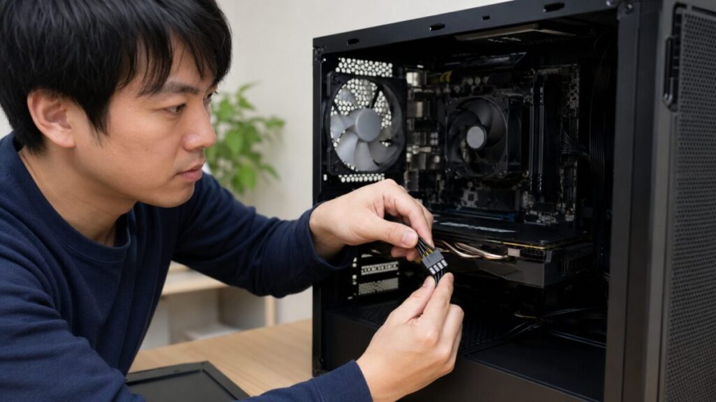 グラボへ6+2ピン補助電源ケーブルを接続する様子