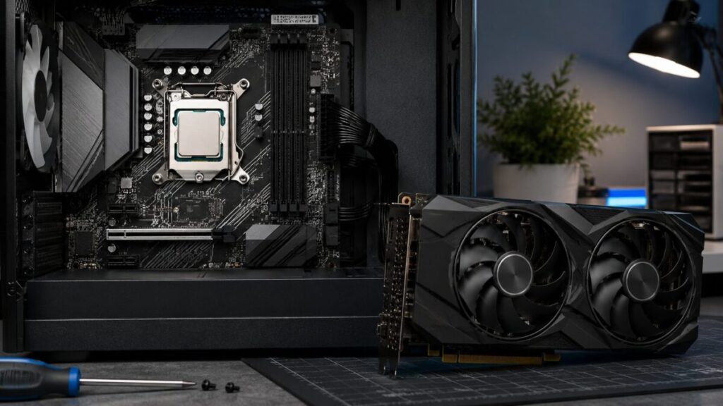 デスクトップPC内のCPUと別パーツのグラフィックボードを並べて違いを示した画像