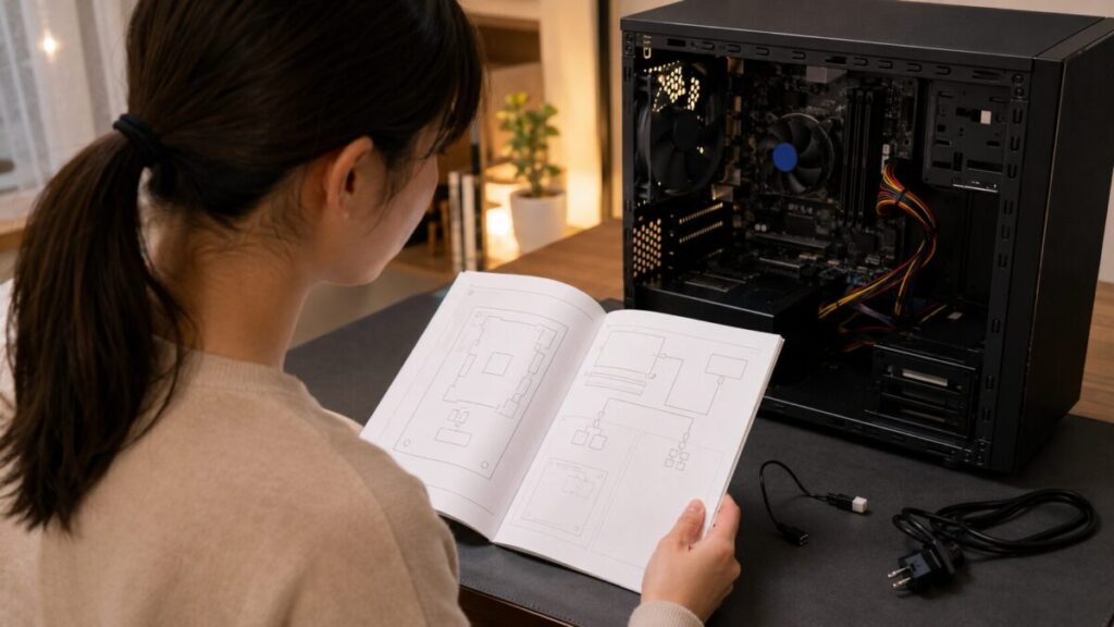 電源を切ったPCとマザーボードの説明書を照合する様子
