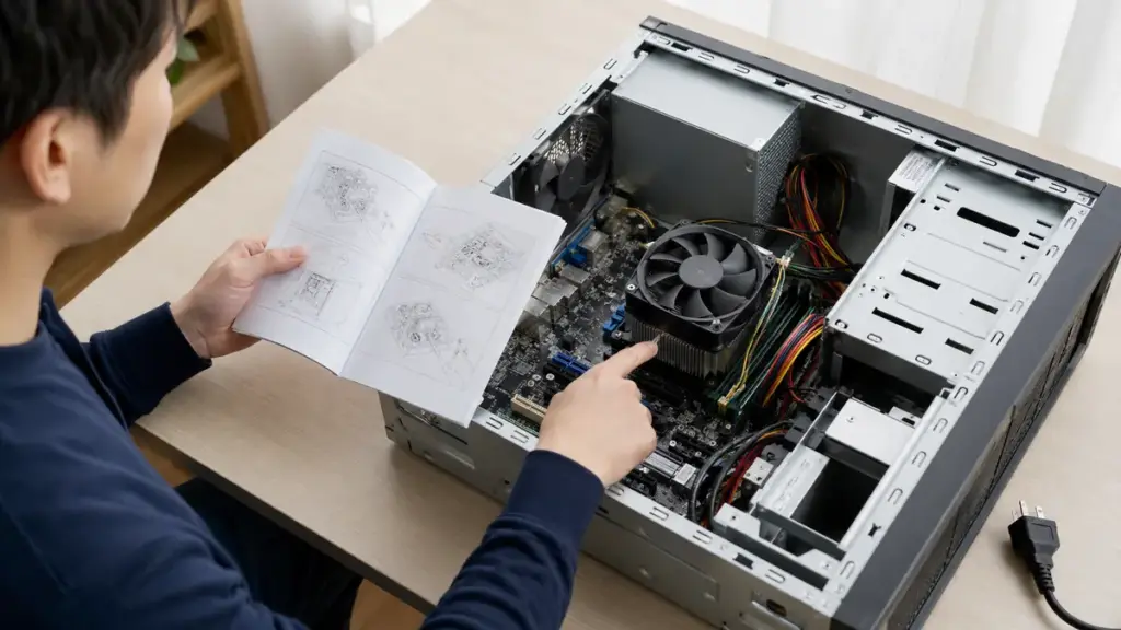 電源を切ったPCでCPUファンの配線を確認する様子