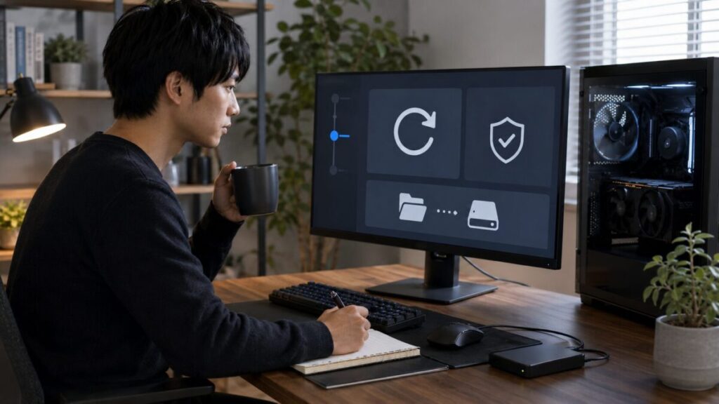 グラボのドライバ更新前に復元ポイントとバックアップを準備する日本人男性