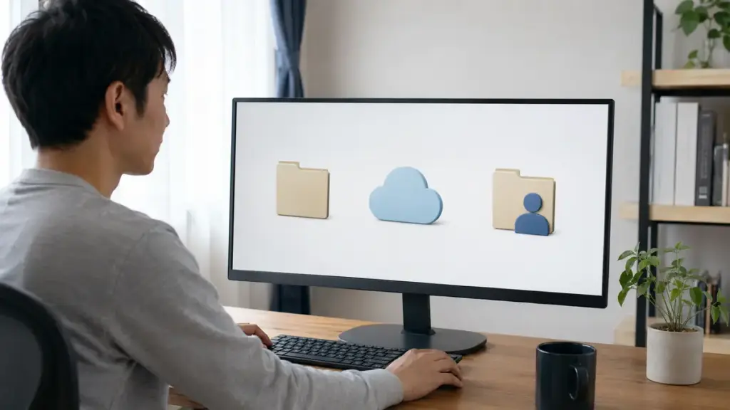 PC内とクラウドのデスクトップフォルダーを確認する様子